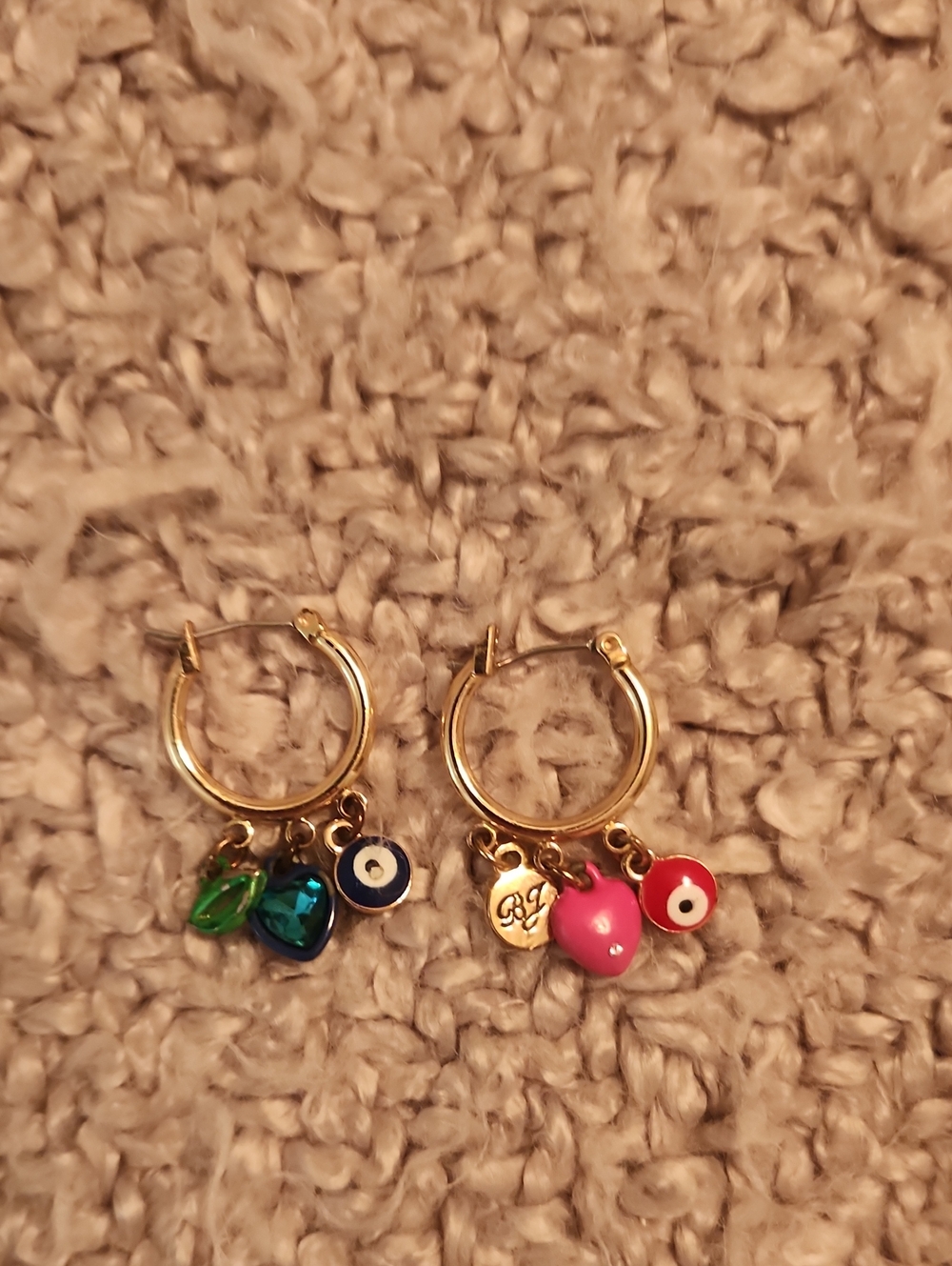 Betsey Johnson Gold Hoop  Earrings with Colorful Charms - Pink & Green